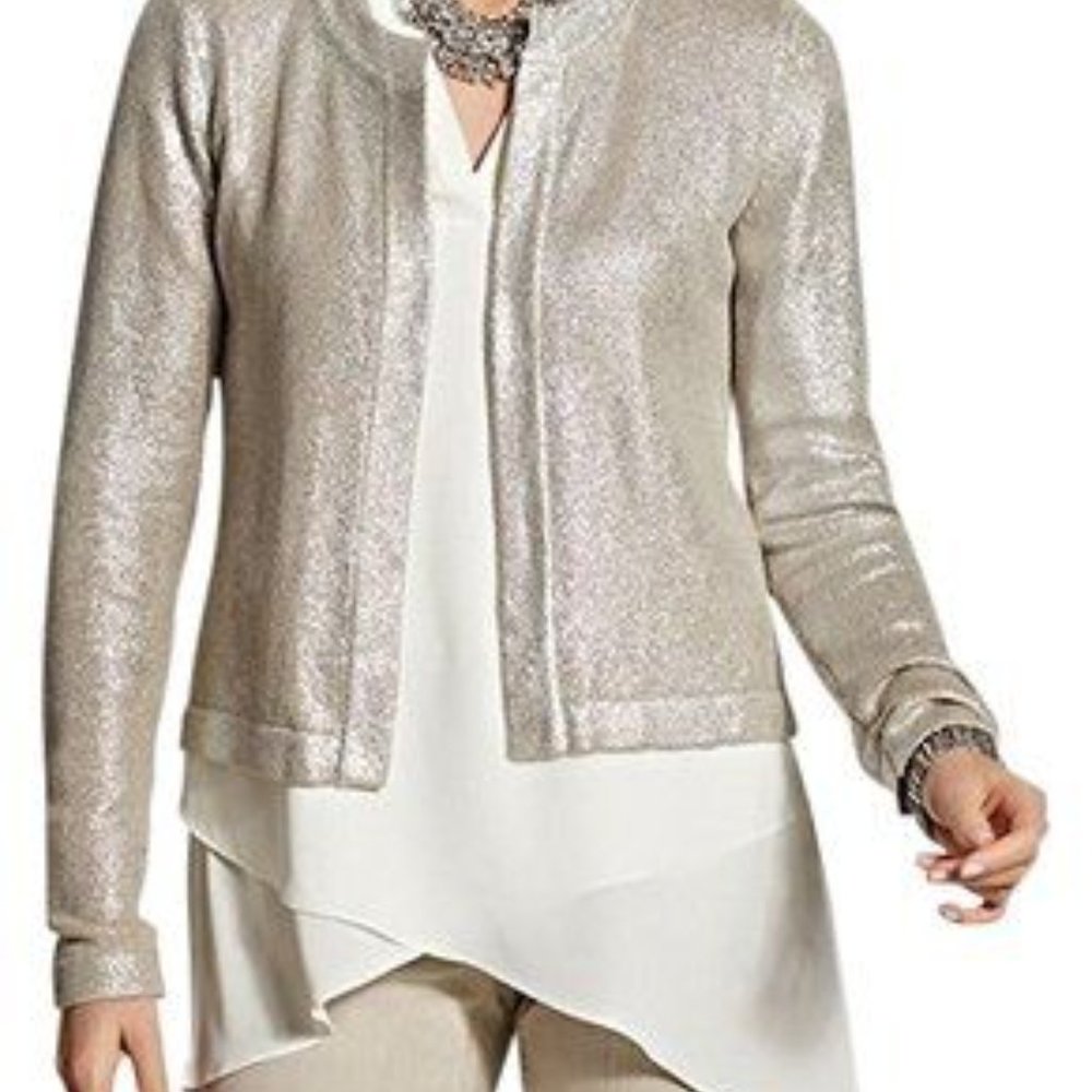 Chicos Silver and Taupe shimmer Holiday sweater open front cardigan size 1 (8/M)